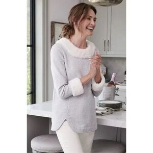 NWT Soft Surroundings Apres Ski Fur Trim Flannel Sweater Top Sz XS